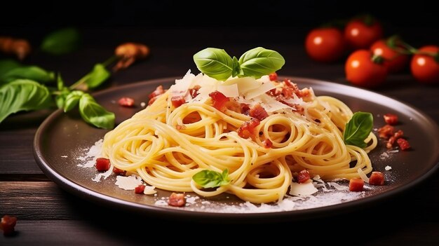 un plato de espagueti con tocino y tomates