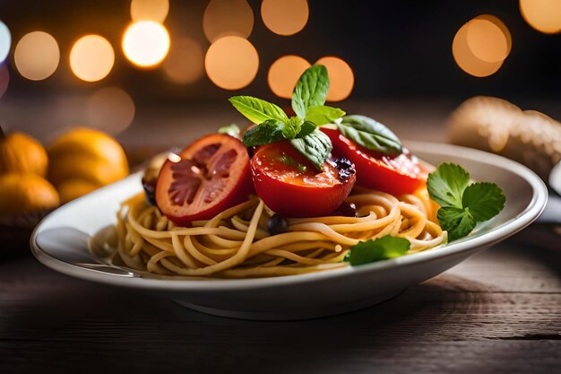 un plato de espagueti con tomates albahaca y albahaca