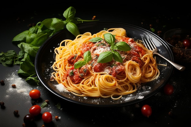Un plato de espagueti con tomates y albahaca.