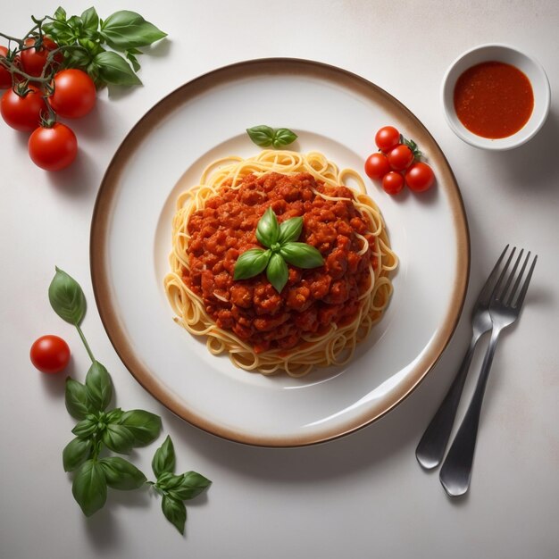 un plato de espagueti con tomates y tomates en él.