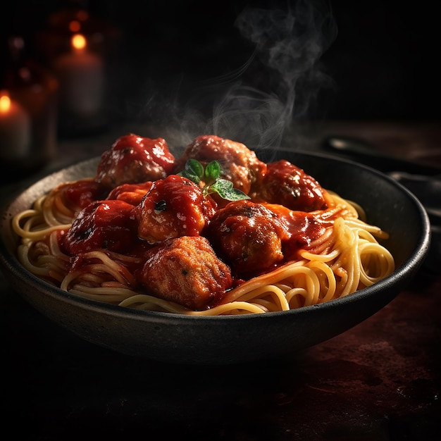 Un plato de espaguetis con albóndigas y humo ahumado.