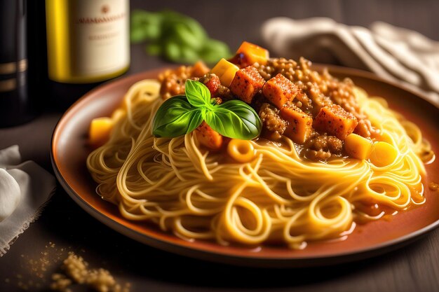 Un plato de espaguetis con una botella de vino detrás.