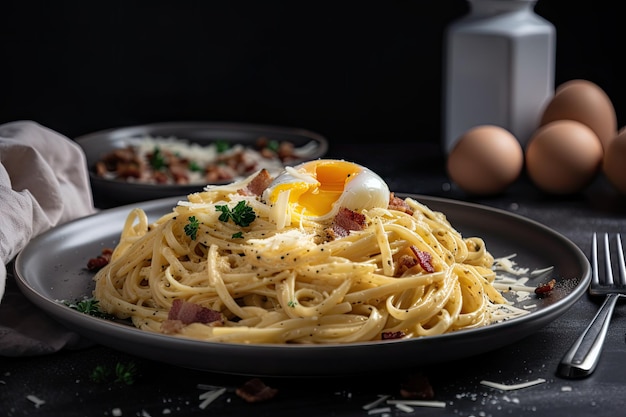 Plato de espaguetis a la carbonara con huevos tocino y queso creado con ai generativo