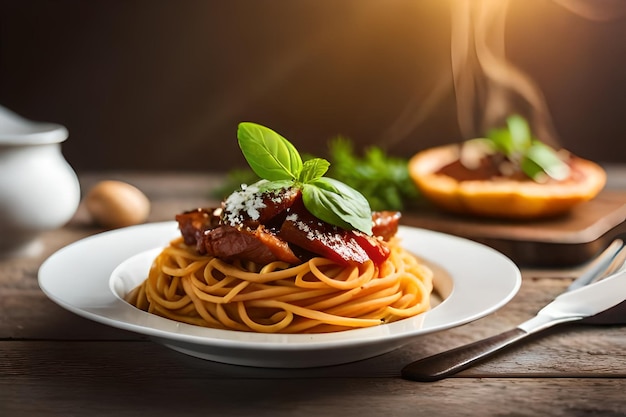 un plato de espaguetis con carne y albahaca sobre una mesa de madera.