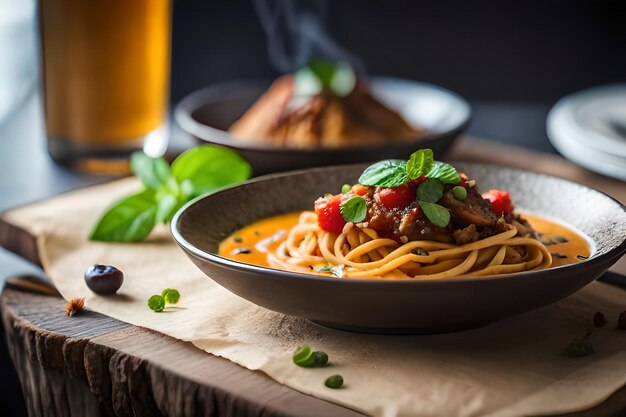 un plato de espaguetis con carne y verduras sobre una mesa.