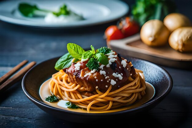 Un plato de espaguetis con carne y verduras