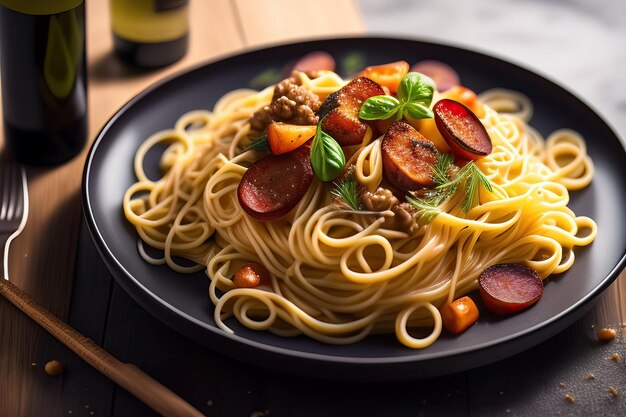 Un plato de espaguetis con carne y verduras