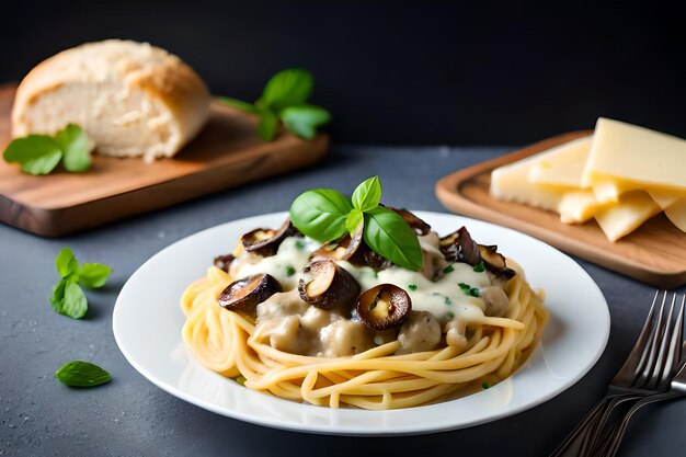 Un plato de espaguetis con champiñones y queso