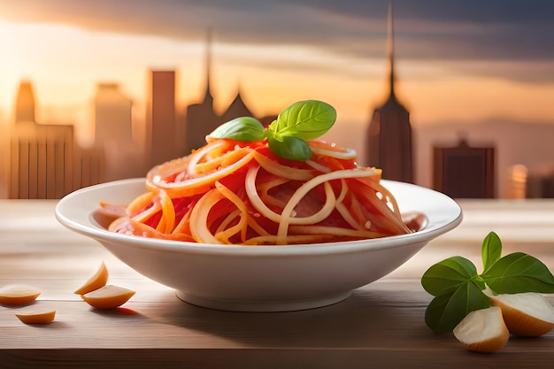 Un plato de espaguetis con una ciudad al fondo.