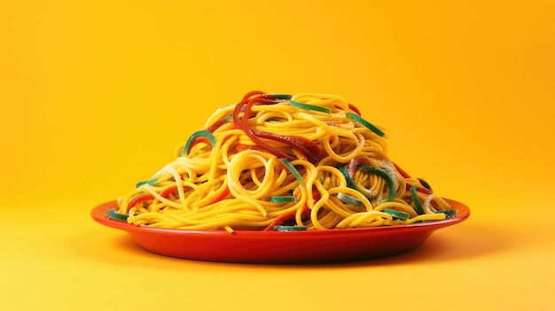 Un plato de espaguetis con espaguetis de diferentes colores.