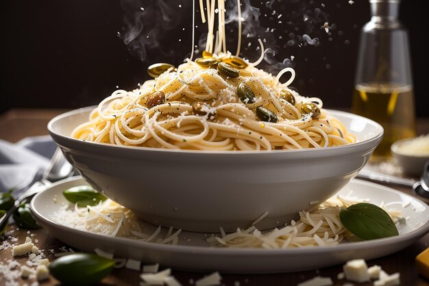 Un plato de espaguetis frescos con humo humeante.