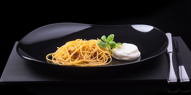 Un plato de espaguetis con una guarnición de yogur y una salsa.