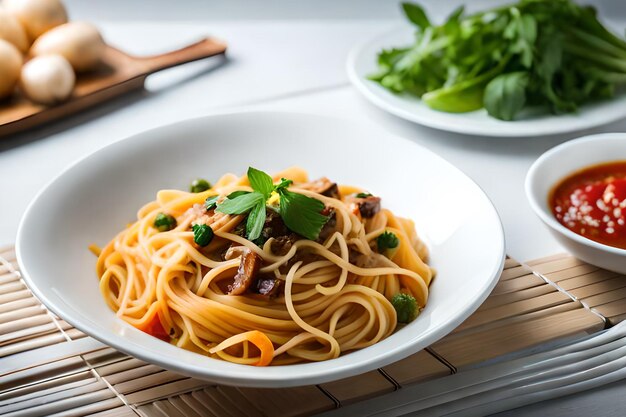 Un plato de espaguetis con guisantes y albahaca sobre una mesa.