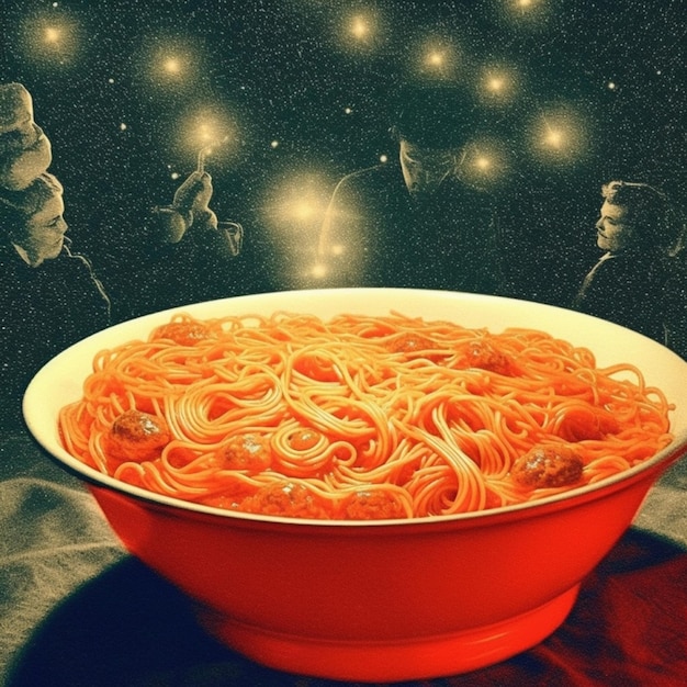 Un plato de espaguetis con una imagen de personas en el fondo.