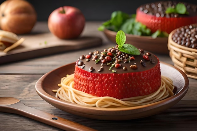 Un plato de espaguetis con un líquido rojo y una mesa de madera con manzanas y una cuchara de madera.