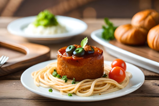 Un plato de espaguetis con pastel de carne