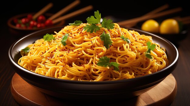 Un plato de espaguetis con perejil encima.