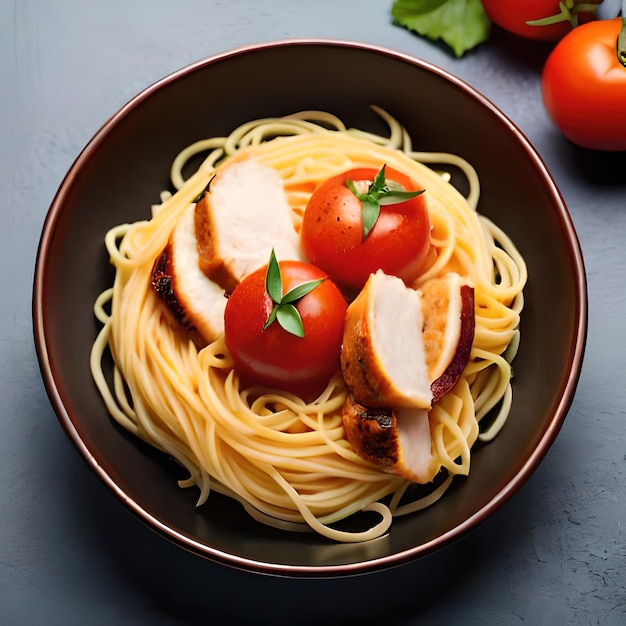 Foto un plato de espaguetis con pollo y tomates