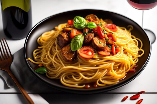 Un plato de espaguetis con salchichas y tomates encima