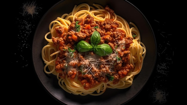 Un plato de espaguetis con salsa de carne y albahaca encima.