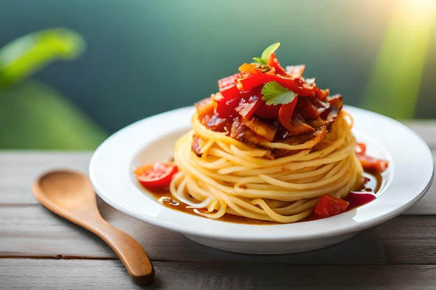Un plato de espaguetis con salsa y una cuchara al lado.