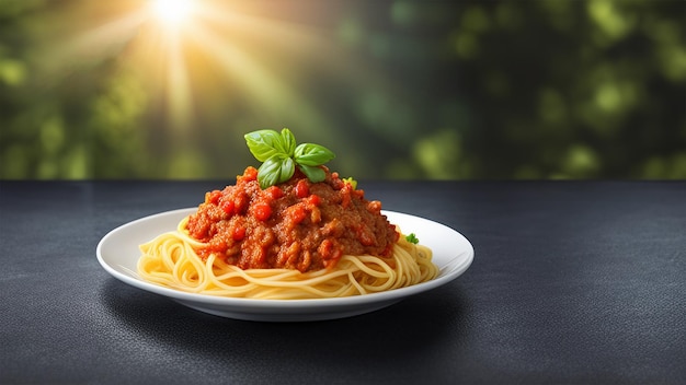 Un plato de espaguetis con salsa de tomate encima IA generativa