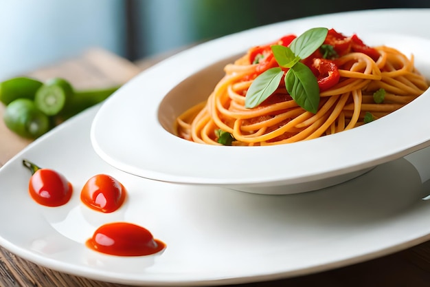 Un plato de espaguetis con salsa de tomate encima.