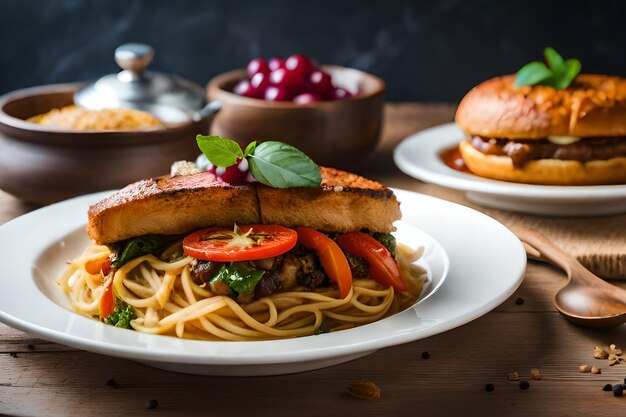 Un plato de espaguetis con un sándwich encima