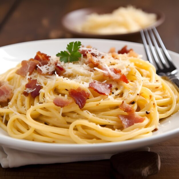 Un plato de espaguetis con tocino y queso