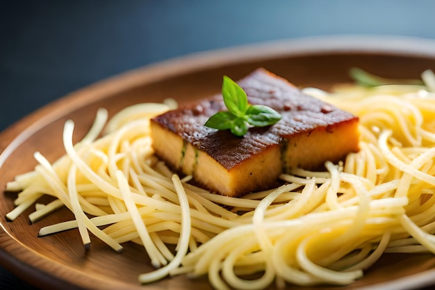 Un plato de espaguetis con un trozo de carne