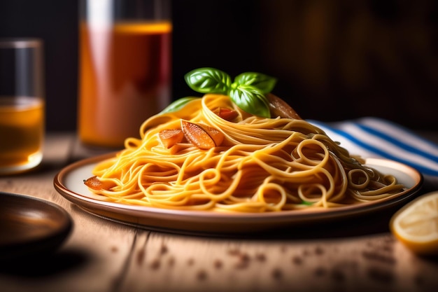 Un plato de espaguetis con un vaso de jugo al fondo