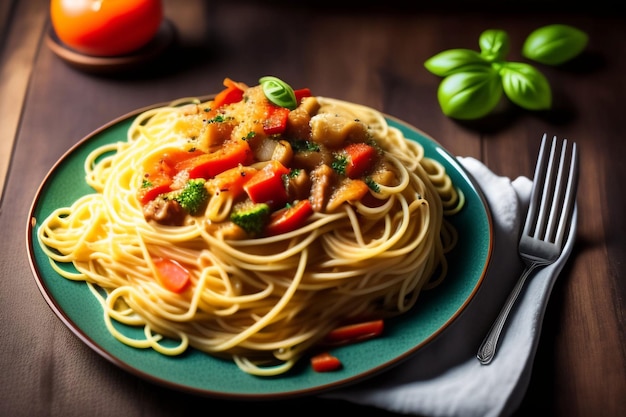 Un plato de espaguetis con verduras y carne