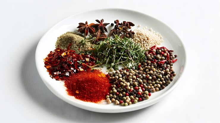 un plato de especias, incluidas especias, hierbas y especias