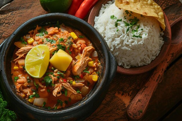 Foto un plato de estofado con arroz y una tortilla