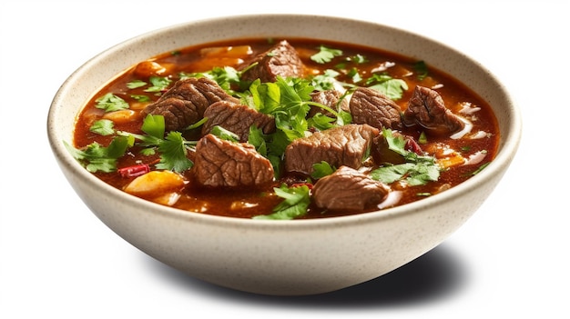 un plato de estofado de carne con un plato blanco de sopa.