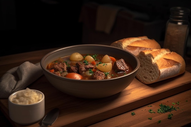 Un plato de estofado de ternera con pan sobre una mesa