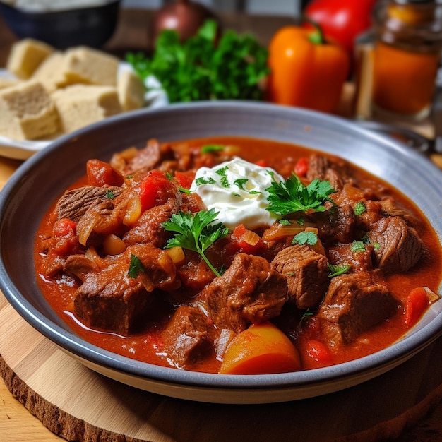 Un plato de estofado de ternera con perejil al lado.