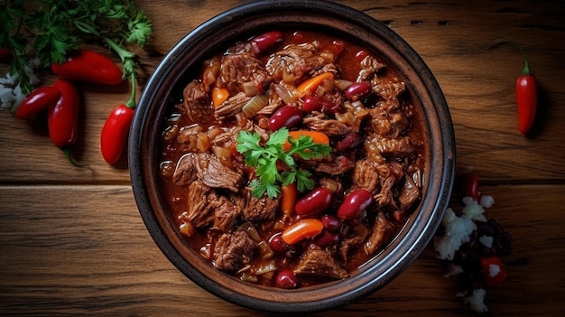 Un plato de estofado de ternera con un pimiento rojo encima.