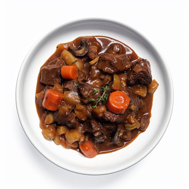 Un plato de estofado de ternera con zanahorias y champiñones