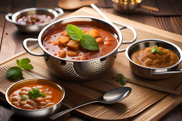 Un plato de estofado de tomate y garbanzos con una cuchara al lado.