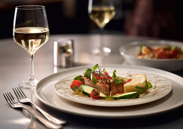 Plato exclusivo de chefs de alta cocina con copas de vino blanco fríoAI Generative