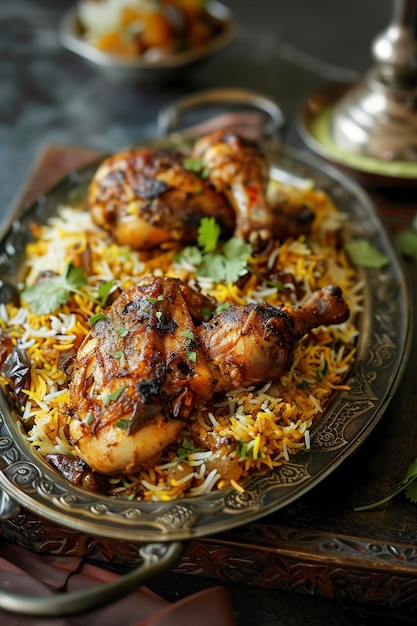 Foto el plato exótico de pollo de hyderabad es el biryani ar