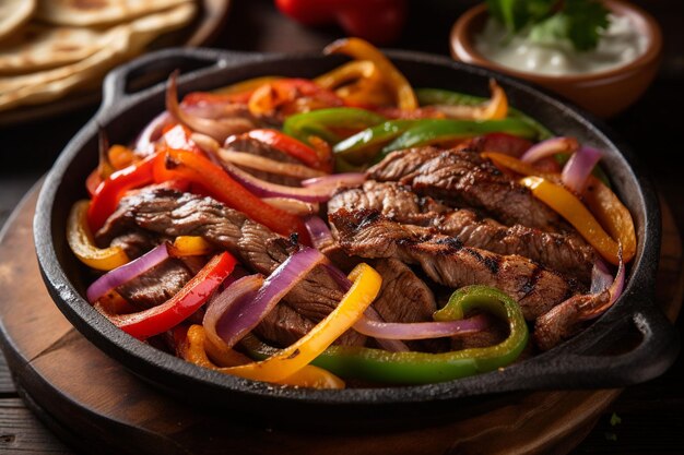 Foto plato de fajitas chisporroteantes con pimientos y cebollas