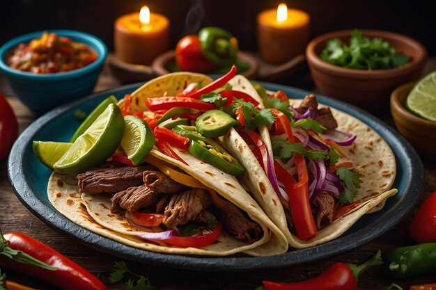 Foto plato de fajitas con tortillas