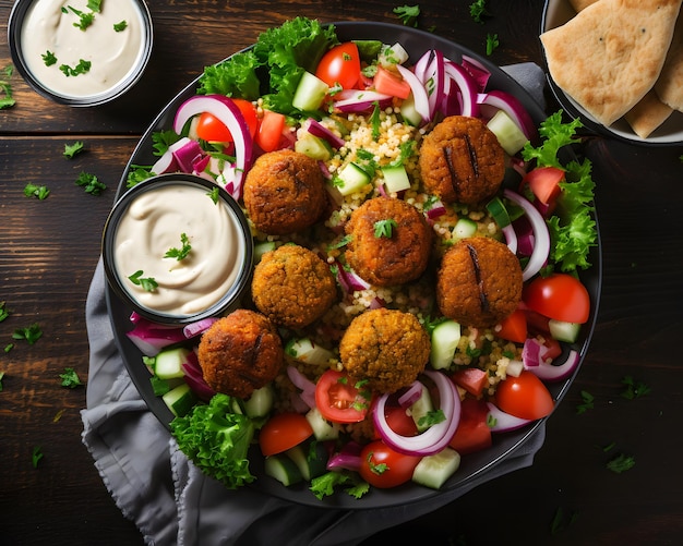 Un plato de falafel crujiente y sabroso con salsa tahini IA generativa