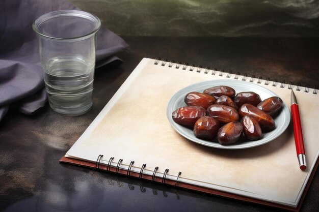 Foto un plato de fechas frescas al lado de un cuaderno con dos fechas en él en fondo de mármol