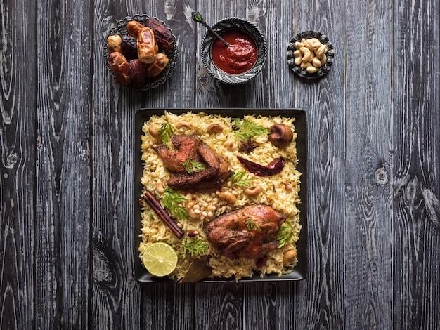 Plato festivo con pollo al horno y arroz. Mandi Kabsa, estilo yemení