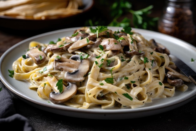 Plato de fettuccine con rica y cremosa salsa de champiñones creada con ai generativo