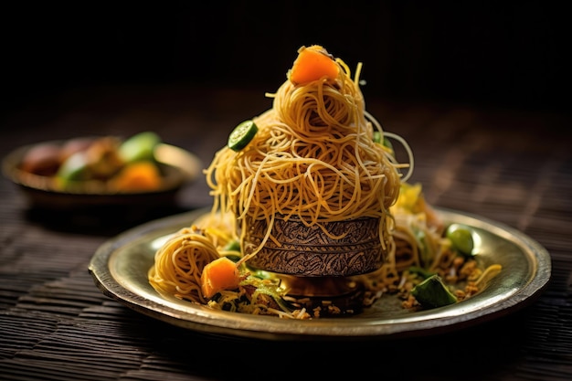 Plato de fideos asiáticos con verduras y carne