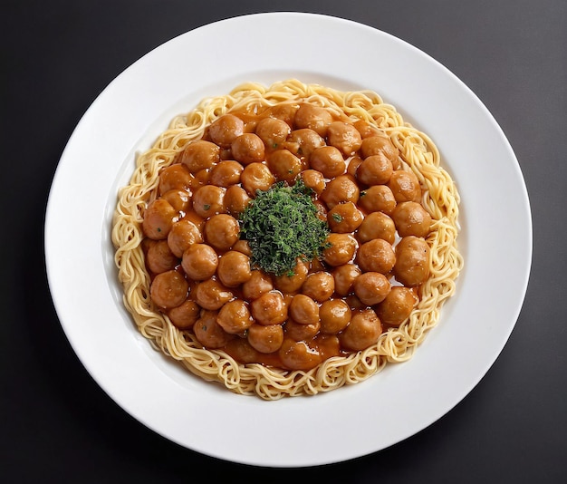 un plato de fideos con brócoli y albóndigas en la parte superior